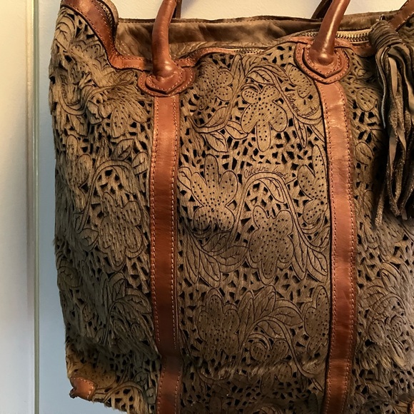 Brown Laser Cut Calf Hair Floral Patterned Tote Bag with Leather Handles - Picture 2 of 6